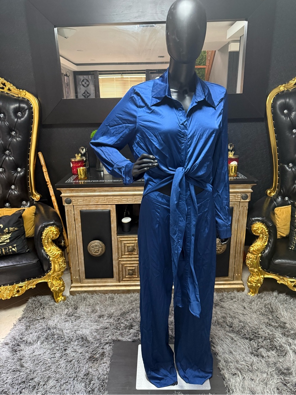 Fashion Nova Royal Blue Tie-Waist Shirt Jumpsuit